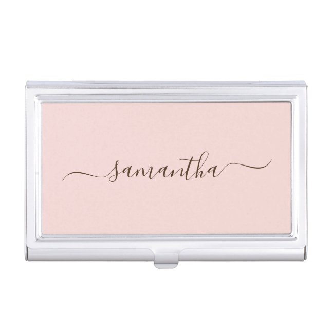 Blush and Dark Brown Elegant Swash Signature Name Business Card Case (Front)