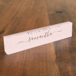 Blush and Dark Brown Elegant Swash Signature Name Desk Name Plate