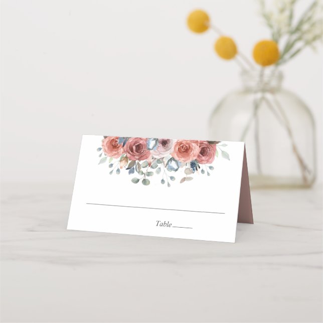 Blush and Dusty Blue Blissful Floral, Wedding Place Card (Front)