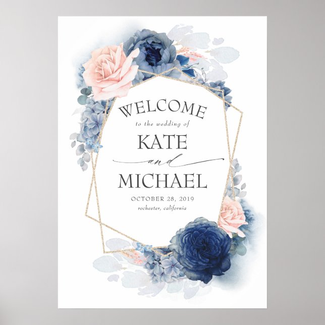 Blush and Dusty Blue Floral Wedding Welcome Poster (Front)