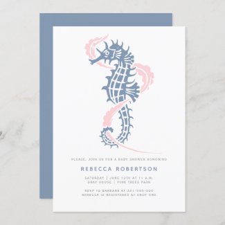 Blush and dusty blue seahorse baby boy shower invitation