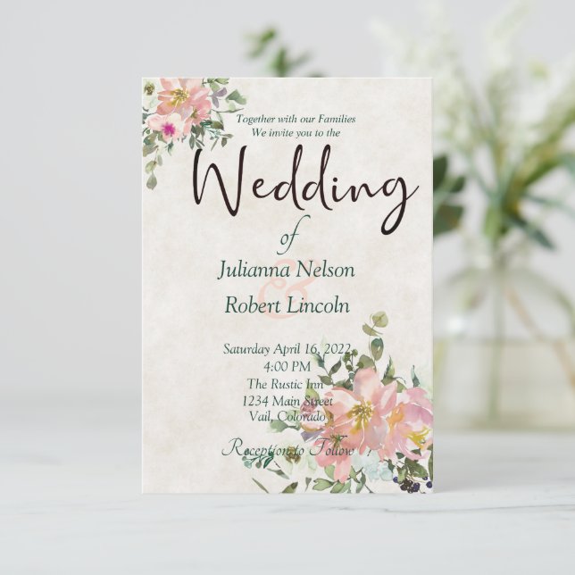 Blush and eggshell watercolor floral wedding invit invitation (Standing Front)