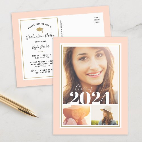 Blush and Gold 3 Photo Graduation Party Invitation