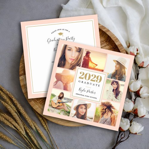 Blush and Gold  8 Photo Square Graduation Party Announcement