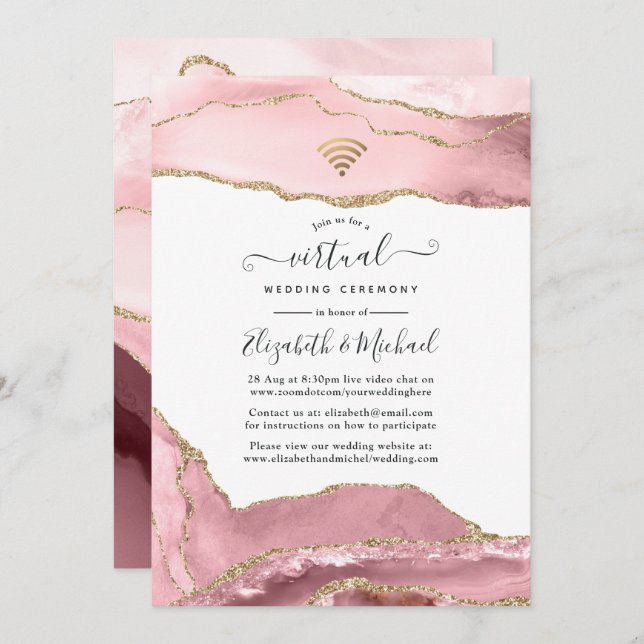 Blush and Gold Agate Online Virtual Wedding Invitation (Front/Back)