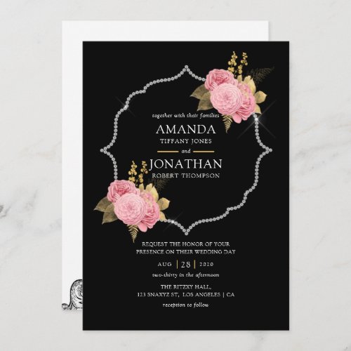 Blush and Gold and Silver Floral Diamond Wedding Invitation