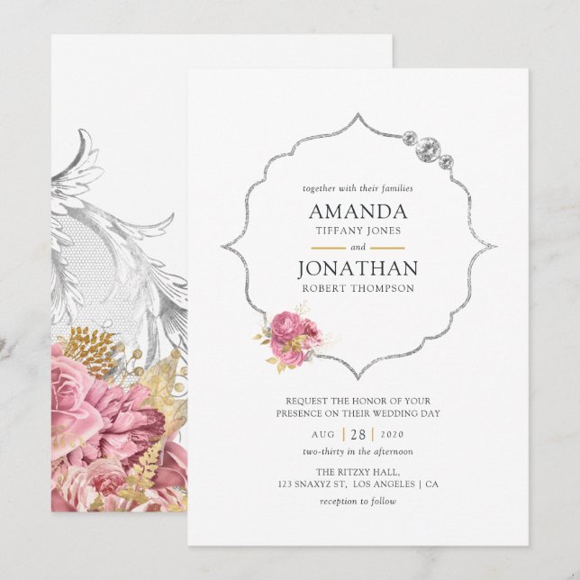 Blush and Gold and Silver Floral Diamond Wedding Invitation (Front/Back)