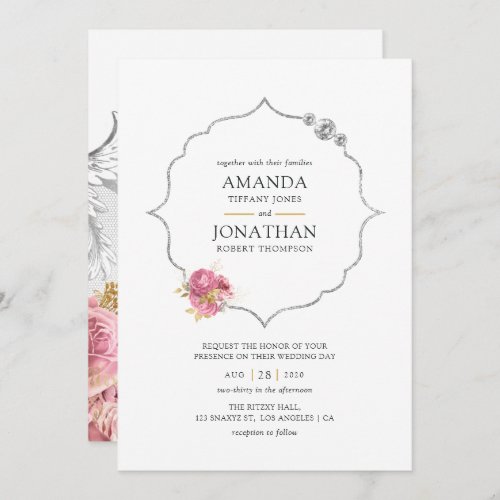 Blush and Gold and Silver Floral Diamond Wedding Invitation