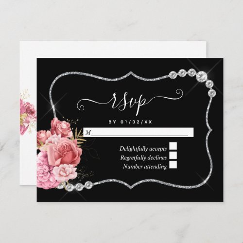 Blush and Gold and Silver Floral Diamond Wedding RSVP Card