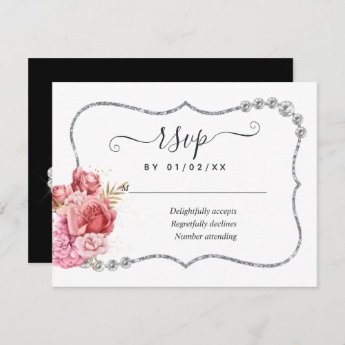 Blush and Gold and Silver Floral Diamond Wedding RSVP Card