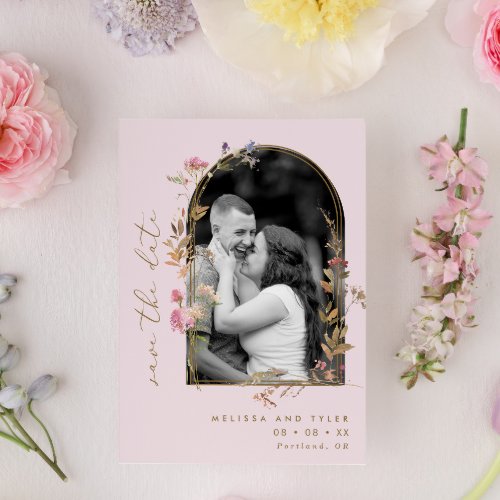 Blush and Gold Arch Wildflowers  Photo Save The Date