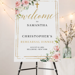 Blush and gold boho first communion welcome foam board
