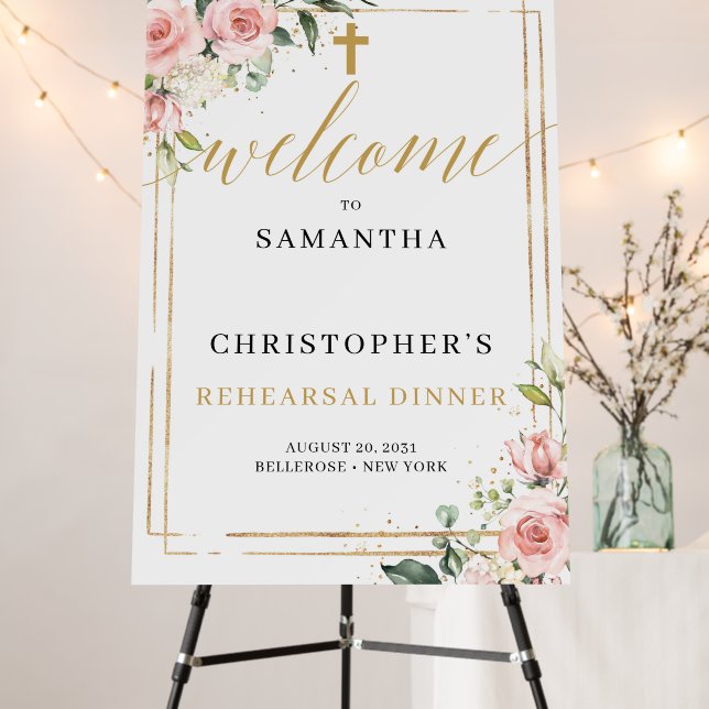 Blush and gold boho first communion welcome foam board (In Situ (Stand))