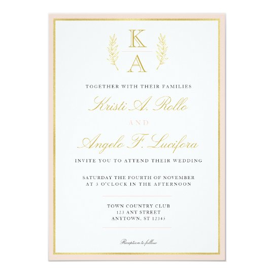 Blush and Gold Border Monogram Wedding Invitation | Zazzle.com