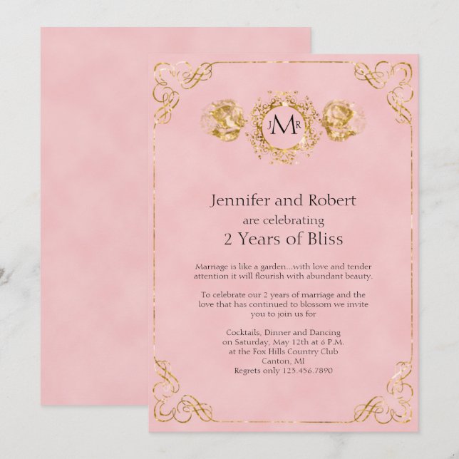Blush and Gold Cotton 2nd Wedding Anniversary Invitation (Front/Back)