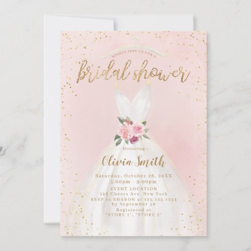 Blush And Gold Elegant Wedding Dress Bridal Shower Invitation