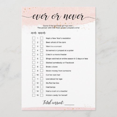 Blush and Gold Ever or Never Birthday Game Thank You Card
