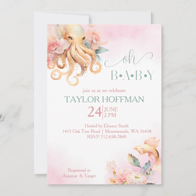 Blush and gold floral boho under the sea baby  invitation (Front)