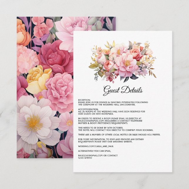 Blush and Gold Floral Wedding Guest Details Enclosure Card (Front/Back)
