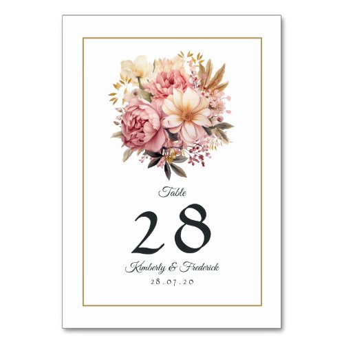 Blush and Gold Floral Wedding Table Number