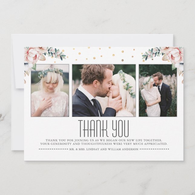 Blush and Gold | Floral Wedding Thank You Photo Card (Front)