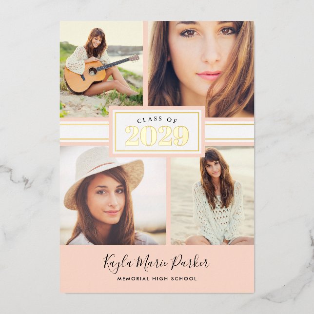 Blush and Gold Foil 4 Photo Graduation Invitation (Front)