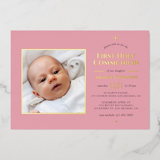 Blush and Gold Geometric Holy Communion Foil Invitation (Front)