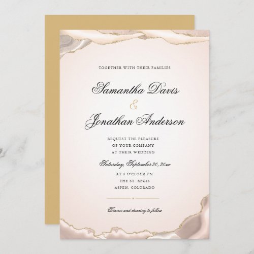 Blush and Gold Glitter Agate Elegant Wedding Invit Invitation - This wedding invitation offers an elegant design featuring a border of blush pink and gold glitter agate and is accented with script text. The background is a soft subtle blush color.