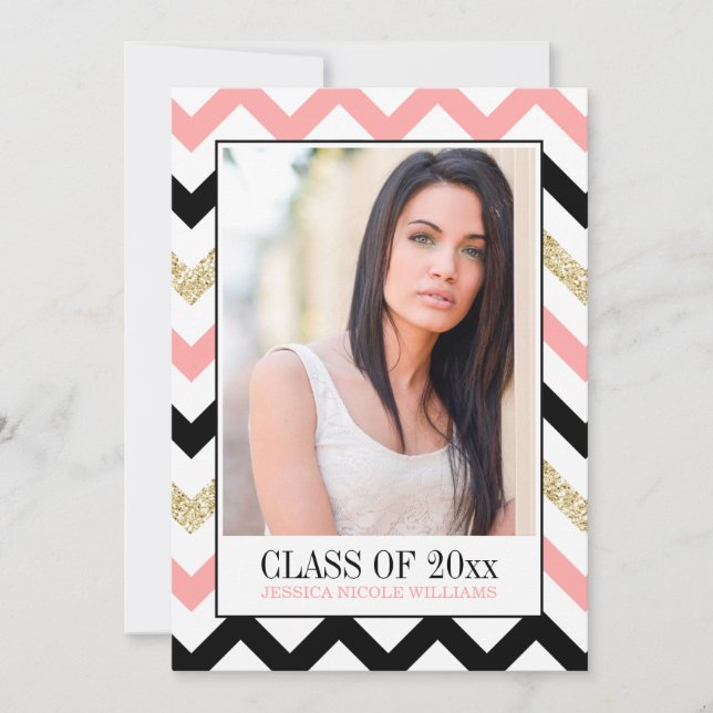 Blush and Gold Glitter Chevron | Graduation Invitation (Front)