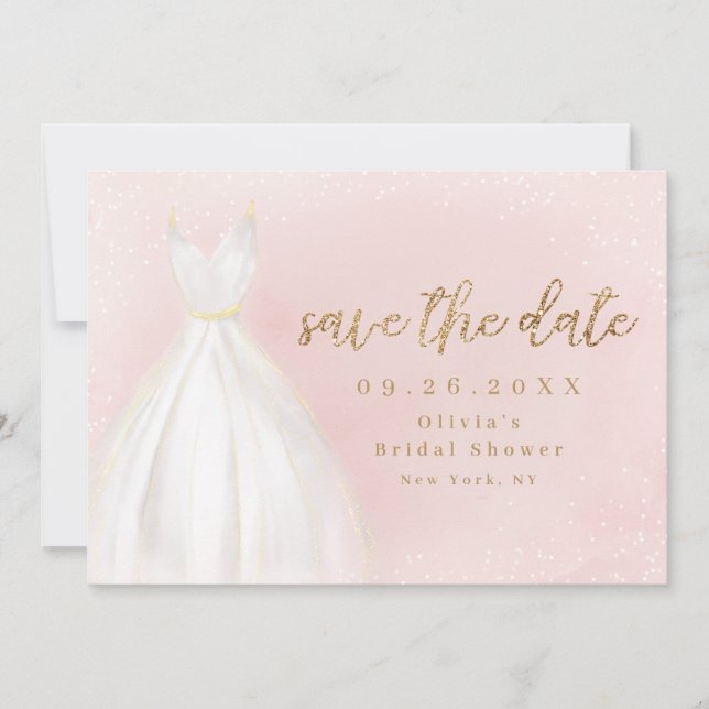 Blush And Gold Glitter Elegant Dress Save The Date (Front)