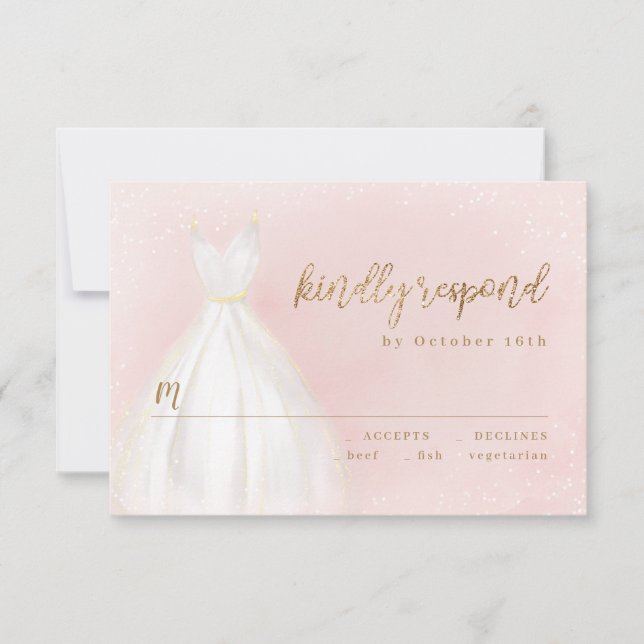 Blush And Gold Glitter Elegant Sparkle Dress RSVP Card (Front)