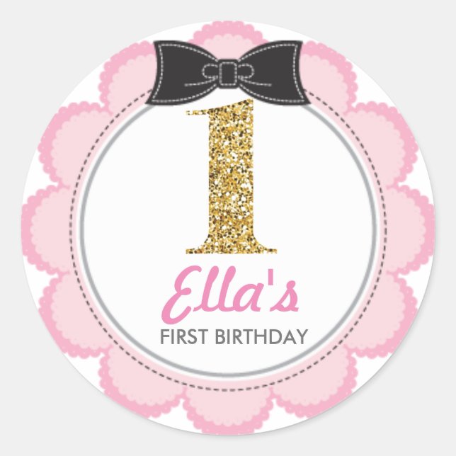 Blush and Gold Glitter First Birthday stickers (Front)
