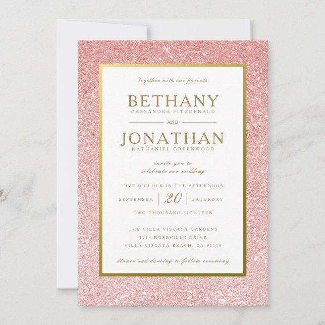 Blush and Gold Glitter Wedding Invitation (Front)