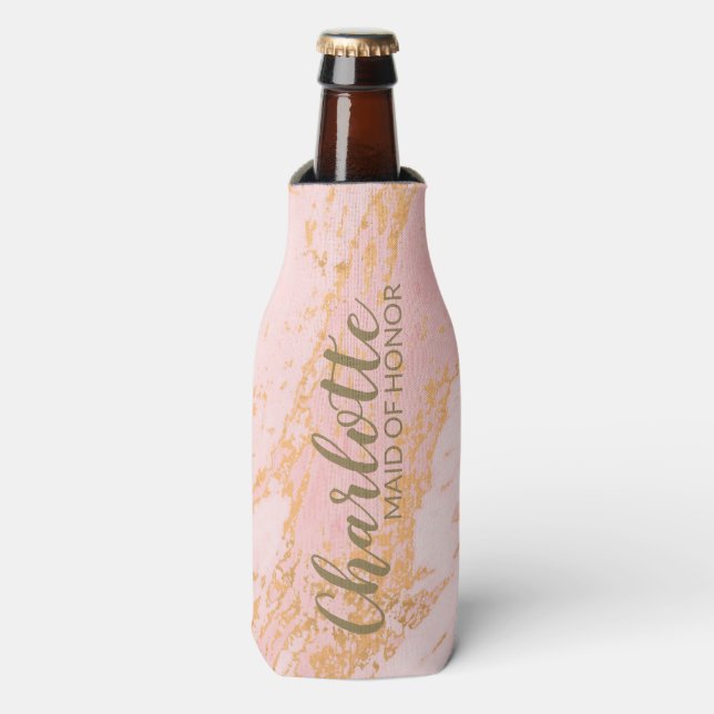 Blush and Gold Marble Personalized Bridal Party Bottle Cooler (Bottle Front)