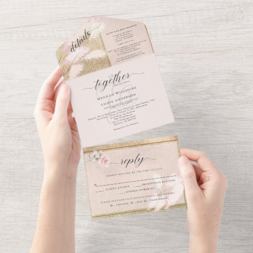 Blush and Gold Pampas Grass Wedding  All In One Invitation