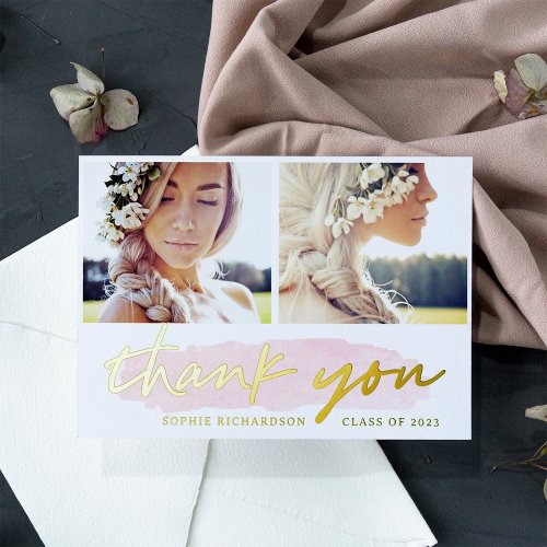 Blush and Gold Two Photo  Graduate Thank You Foil Invitation