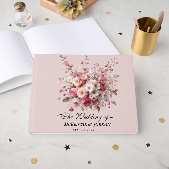 Blush and Gold Watercolor Flowers Personalized Guest Book (Front Open)