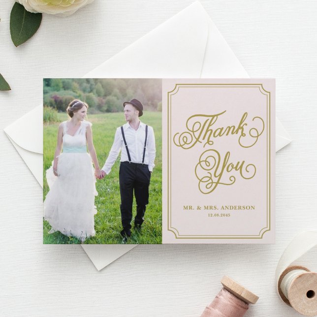 Blush and Gold Whimsical Script Photo Wedding Thank You Card (Creator Uploaded)