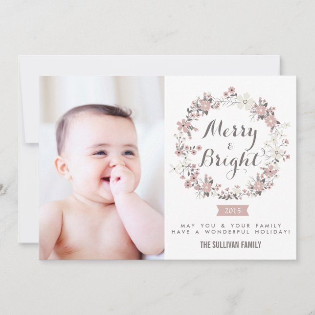 Blush and Gray Christmas Wreath Holiday Photo Card (Front)