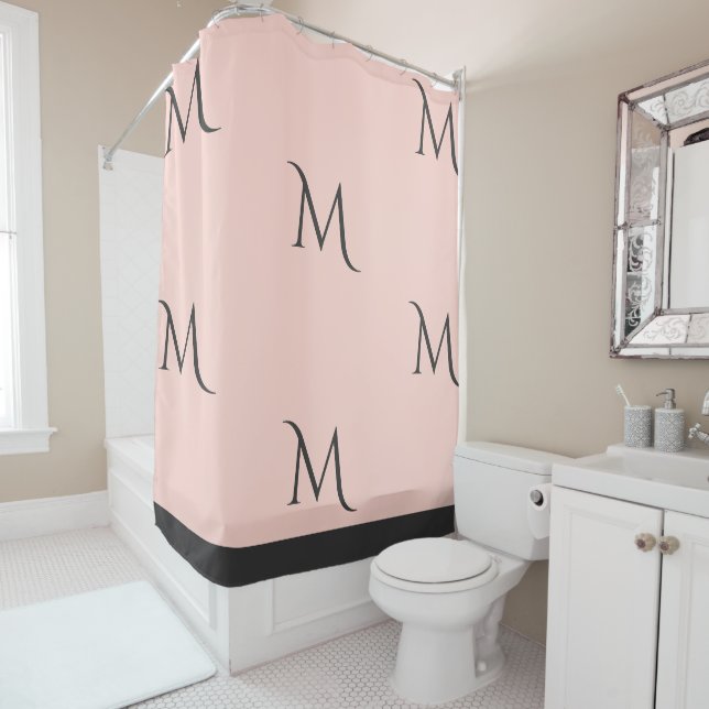 Blush and Gray Monogrammed Shower Curtain (In Situ)