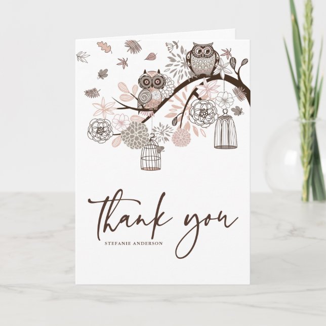 Blush and Gray Owls Winter Wedding Thank You Card (Front)