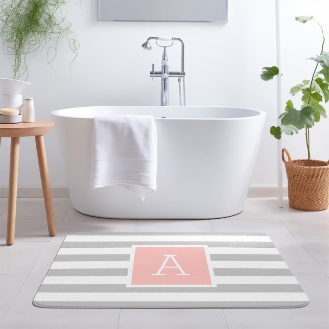 Blush and Gray Stripes Monogram | Editable Colors Bath Mat (Creator Uploaded)