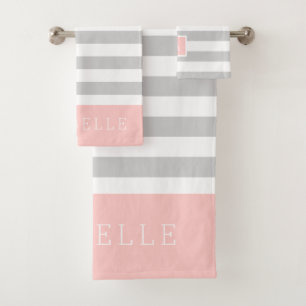 Blush and Gray Stripes Monogram Editable Colors Bath Towel Set