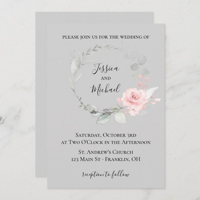 Blush and Gray Wedding Invitation - Rose Wreath (Front/Back)