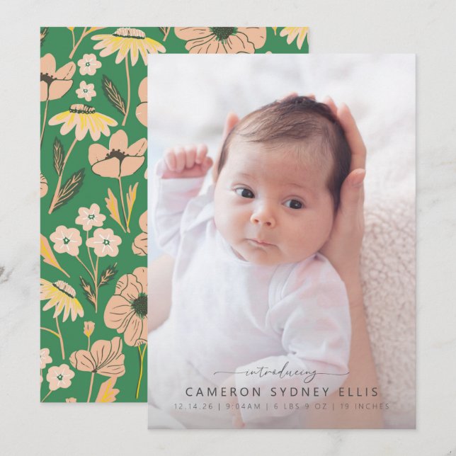 Blush and Green Boho Floral Baby Photo Birth  Anno Announcement (Front/Back)
