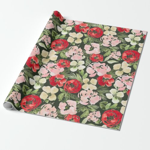 Blush and green Christmas Watercolor Flowers Dark Wrapping Paper