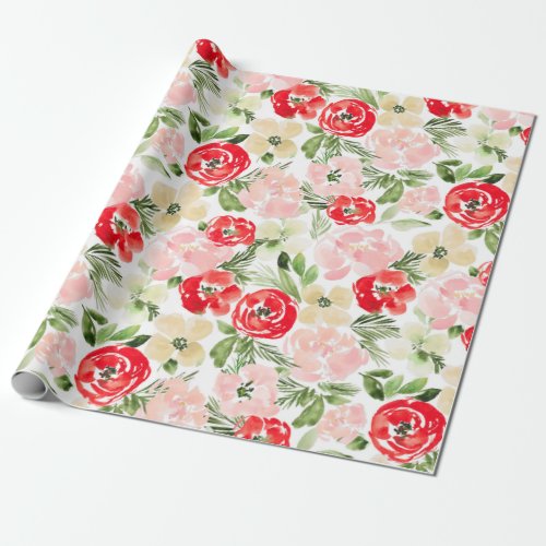 Blush and green Christmas Watercolor Flowers Wrapp Wrapping Paper