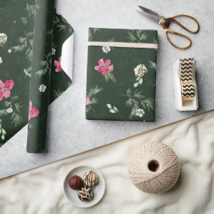 Blush and green Christmas Watercolor Flowers Wrapping Paper