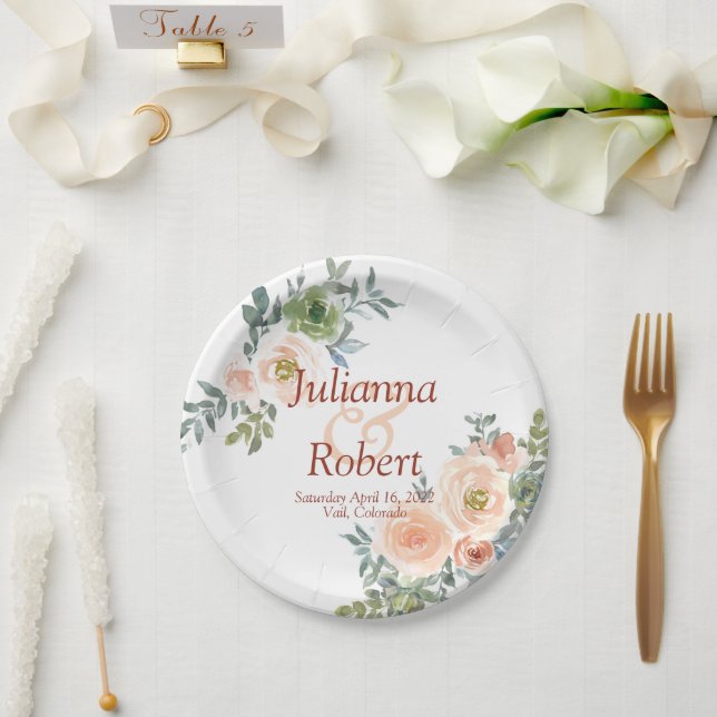 Blush and green watercolor floral  wedding  paper  plates (Wedding)