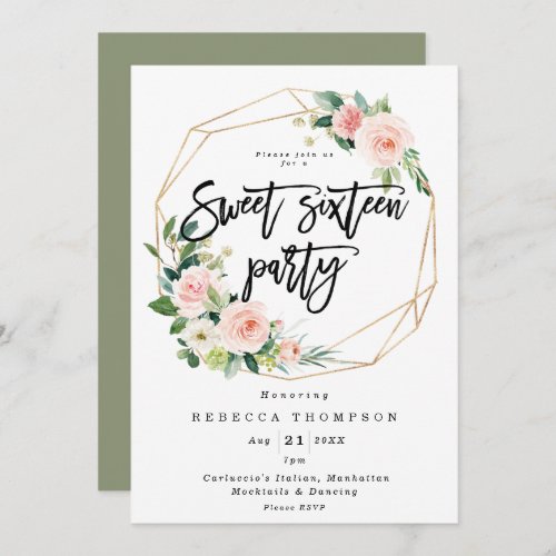 blush and greenery boho modern sweet 16 invitation